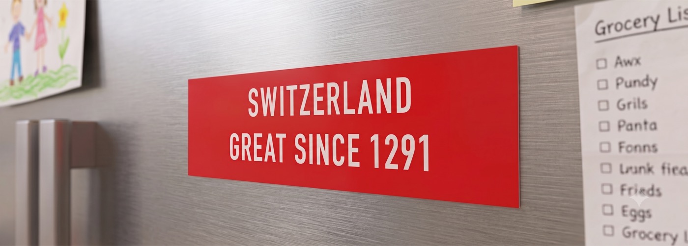 Switzerland Great Since 1291 fridge magnet — red embroidered-style magnet on a stainless steel fridge door
