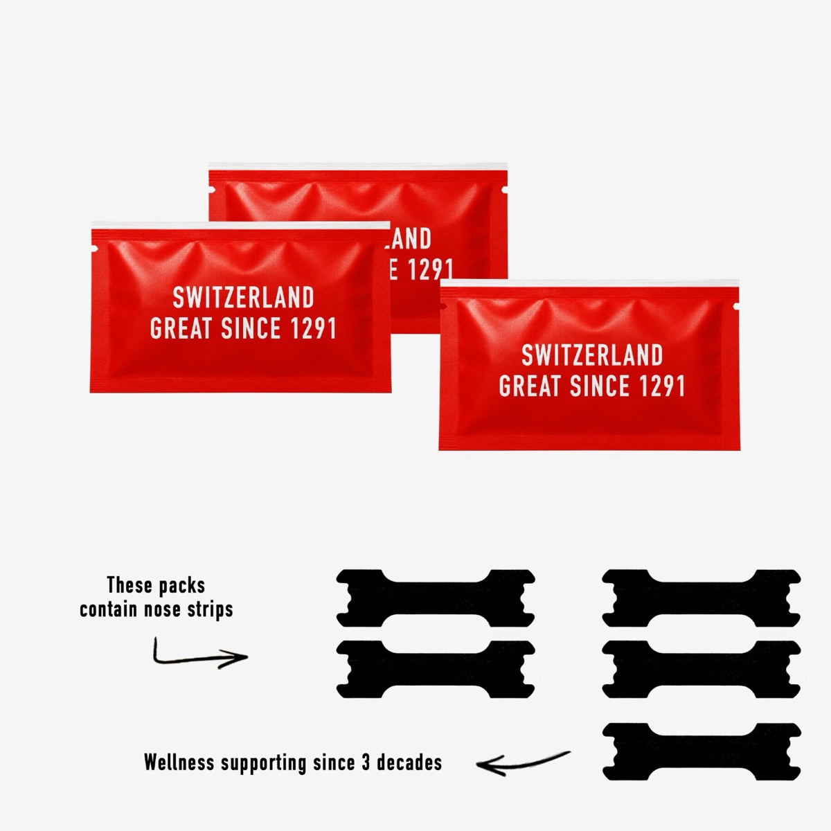 Swiss Nose Strips — three red 'Switzerland Great Since 1291' packs with easy-to-use nose strips for more comfortable breathing